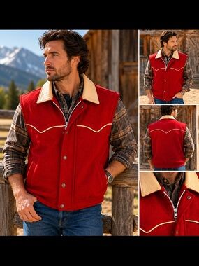 Schaefer Outfitter Red Wool Leather Trim Western Ranch Vest USA 2XL